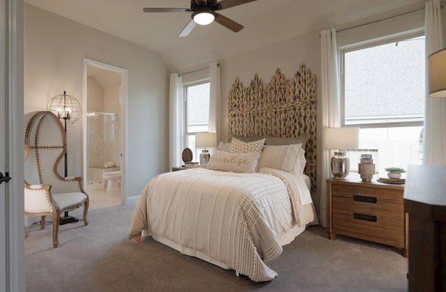 17333 July Moon Ln, Conroe, TX 77302 - bedroom featuring carpet, connected bathroom, ceiling fan, and vaulted ceiling