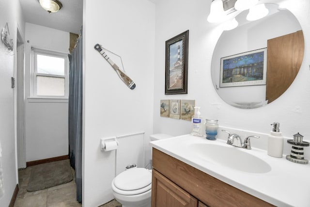 1110 E Brown Ln, Deer Park, TX 77536 - bathroom featuring vanity, toilet, a shower with shower curtain, and tile patterned flooring