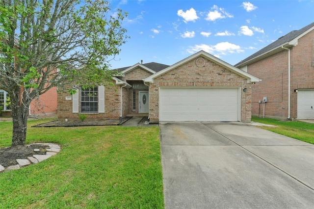 1211 Peacham Ct, Fresno, TX 77545 - ranch-style home with driveway, an attached garage, a front yard, and brick siding