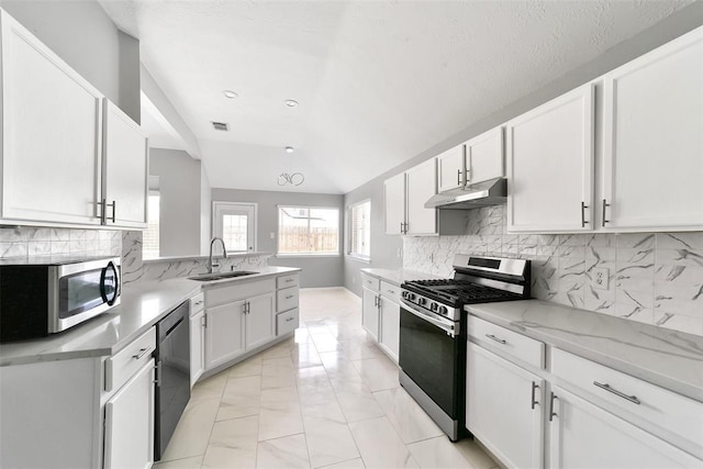 1211 Peacham Ct, Fresno, TX 77545 - kitchen featuring appliances with stainless steel finishes, under cabinet range hood, a sink, lofted ceiling, and white cabinetry