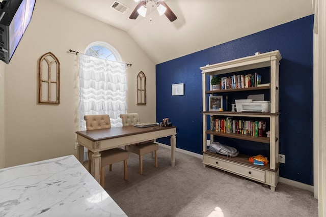 28987 Birch Green Way, Spring, TX 77386 - office area with a ceiling fan, lofted ceiling, carpet, and baseboards