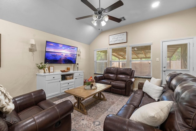 28987 Birch Green Way, Spring, TX 77386 - living room featuring vaulted ceiling and ceiling fan