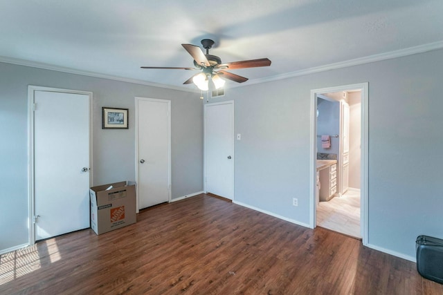 2304 Keel Ct, Willis, TX 77318 - unfurnished bedroom with ornamental molding, wood finished floors, baseboards, ceiling fan, and connected bathroom