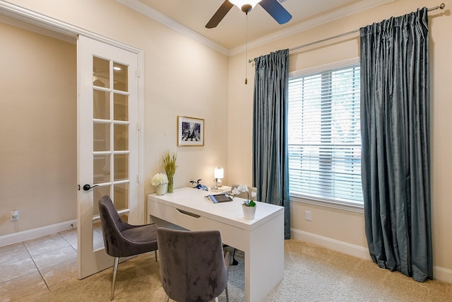2800 Spencer Ct, Pearland, TX 77089 - office area featuring ornamental molding, healthy amount of natural light, a ceiling fan, and baseboards