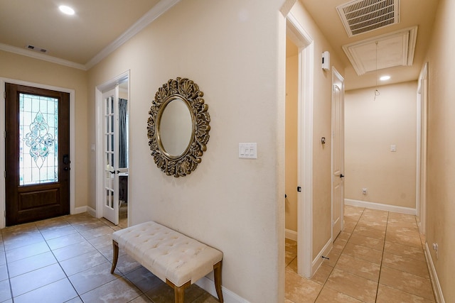 2800 Spencer Ct, Pearland, TX 77089 - foyer entrance with light tile patterned floors, crown molding, baseboards, and recessed lighting