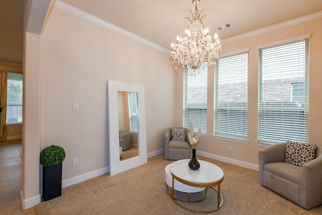 2800 Spencer Ct, Pearland, TX 77089 - sitting room with crown molding, a chandelier, carpet floors, and baseboards