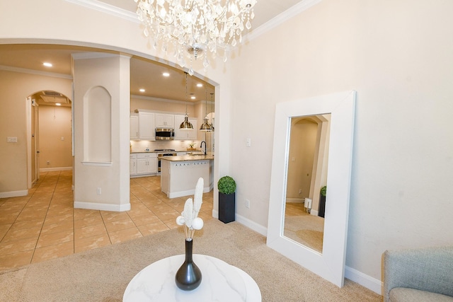 2800 Spencer Ct, Pearland, TX 77089 - unfurnished living room with ornamental molding, arched walkways, a sink, light colored carpet, and recessed lighting