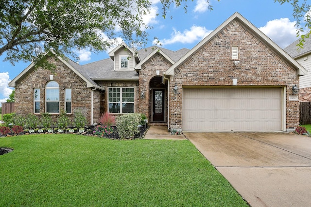 2800 Spencer Ct, Pearland, TX 77089 - traditional-style house featuring brick siding, a front lawn, driveway, a garage, and roof with shingles