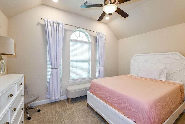 2800 Spencer Ct, Pearland, TX 77089 - bedroom featuring vaulted ceiling, carpet flooring, baseboards, and ceiling fan