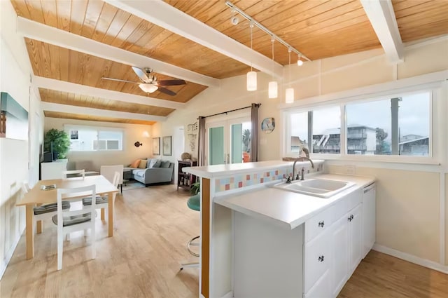 22201 Matagorda Dr, Galveston, TX 77554 - kitchen featuring a sink, wood ceiling, light wood-style flooring, light countertops, and a ceiling fan