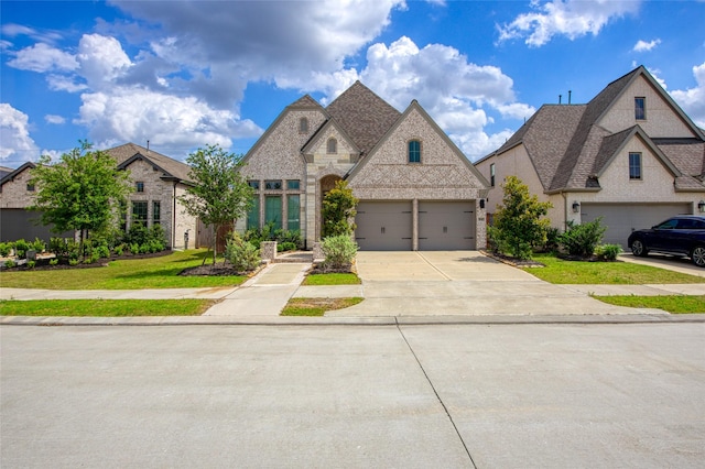 18415 Circle Bar Ranch Ct, Cypress, TX 77433 - french provincial home with concrete driveway, a front lawn, a garage, and stone siding