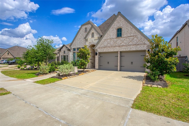 18415 Circle Bar Ranch Ct, Cypress, TX 77433 - french country style house featuring driveway, a garage, stone siding, a front lawn, and brick siding