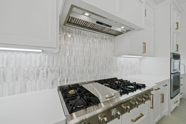 91 Lake Sterling Gate Dr, Spring, TX 77379 - kitchen with premium range hood, appliances with stainless steel finishes, white cabinets, and light countertops