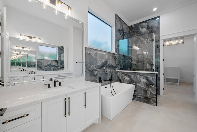 91 Lake Sterling Gate Dr, Spring, TX 77379 - full bathroom featuring a freestanding tub, a marble finish shower, vanity, and crown molding