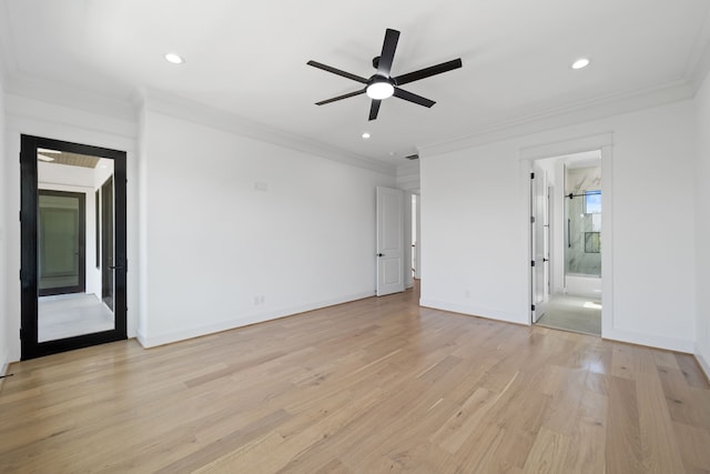 91 Lake Sterling Gate Dr, Spring, TX 77379 - empty room with ornamental molding, a ceiling fan, light wood-type flooring, recessed lighting, and baseboards