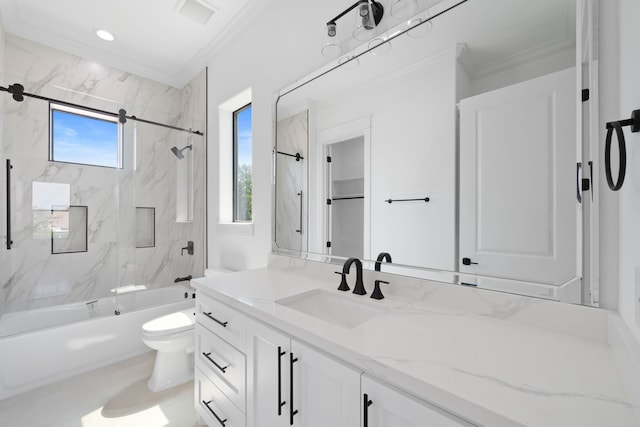 91 Lake Sterling Gate Dr, Spring, TX 77379 - bathroom featuring vanity, ornamental molding, shower / bath combination, and toilet