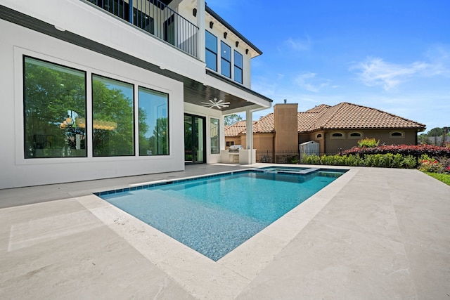 91 Lake Sterling Gate Dr, Spring, TX 77379 - view of swimming pool featuring a patio, a ceiling fan, and a pool with connected hot tub