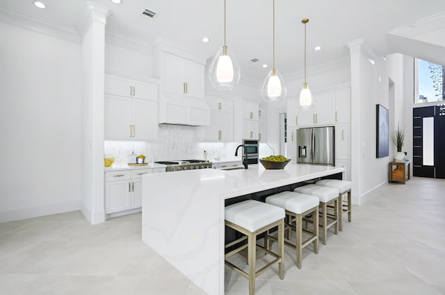 91 Lake Sterling Gate Dr, Spring, TX 77379 - kitchen featuring stainless steel refrigerator with ice dispenser, crown molding, decorative backsplash, a sink, and white cabinets