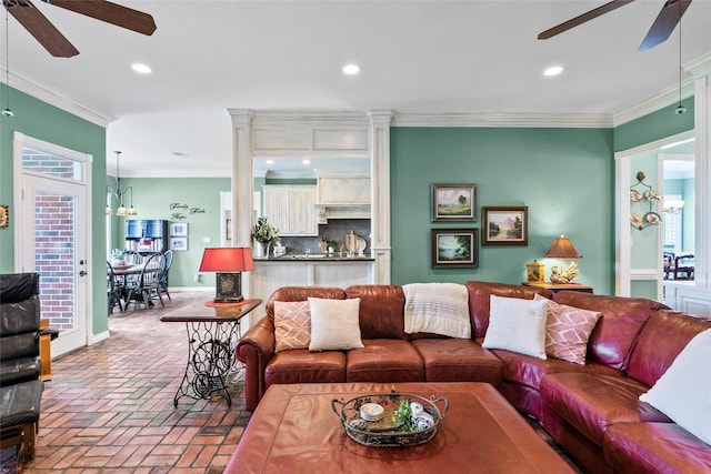 17265 Fm 2154, College Station, TX 77845 - living area featuring ceiling fan, crown molding, brick floors, recessed lighting, and baseboards