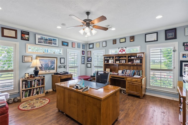 17265 Fm 2154, College Station, TX 77845 - office with a ceiling fan, crown molding, dark wood-style floors, baseboards, and recessed lighting