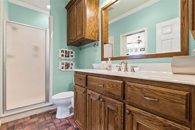 17265 Fm 2154, College Station, TX 77845 - bathroom featuring ornamental molding, brick floors, vanity, a shower stall, and toilet