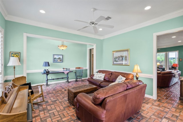 17265 Fm 2154, College Station, TX 77845 - living area featuring brick flooring, recessed lighting, baseboards, crown molding, and ceiling fan