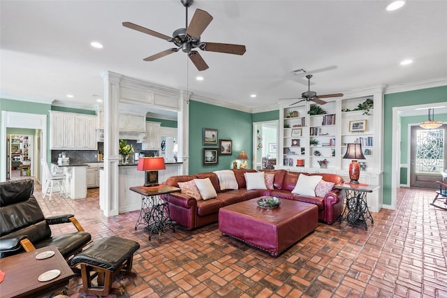 17265 Fm 2154, College Station, TX 77845 - living room with a ceiling fan, brick flooring, recessed lighting, ornamental molding, and baseboards