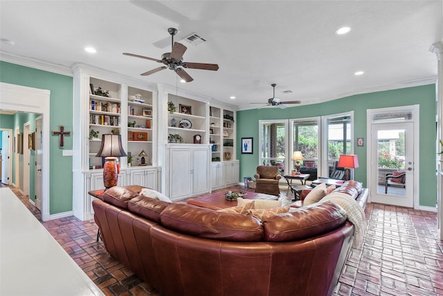 17265 Fm 2154, College Station, TX 77845 - living area with brick floors, baseboards, a ceiling fan, crown molding, and recessed lighting