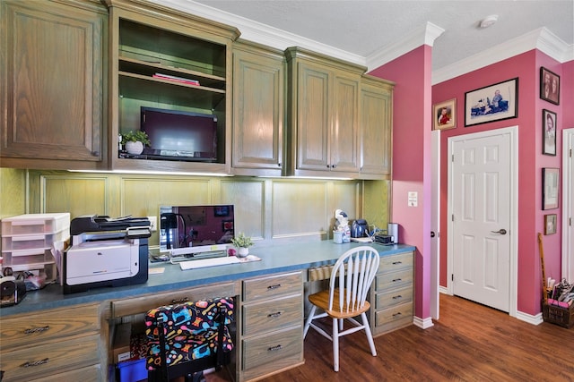 17265 Fm 2154, College Station, TX 77845 - office area with built in study area, dark wood finished floors, ornamental molding, and baseboards
