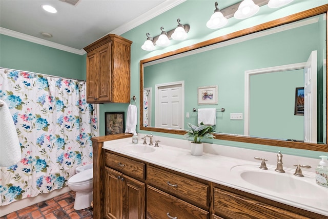 17265 Fm 2154, College Station, TX 77845 - bathroom featuring toilet, crown molding, double vanity, and a shower with shower curtain