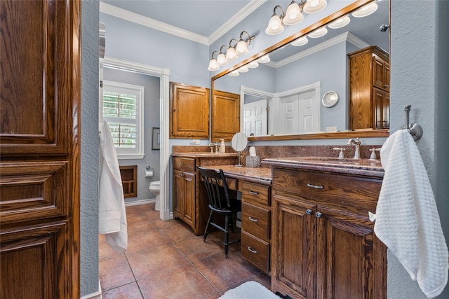 17265 Fm 2154, College Station, TX 77845 - full bathroom featuring double vanity, toilet, tile patterned flooring, and crown molding