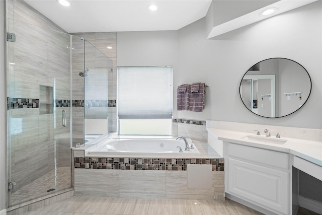 19203 Allview Ln, Houston, TX 77094 - full bathroom with a garden tub, vanity, a stall shower, recessed lighting, and tile patterned flooring