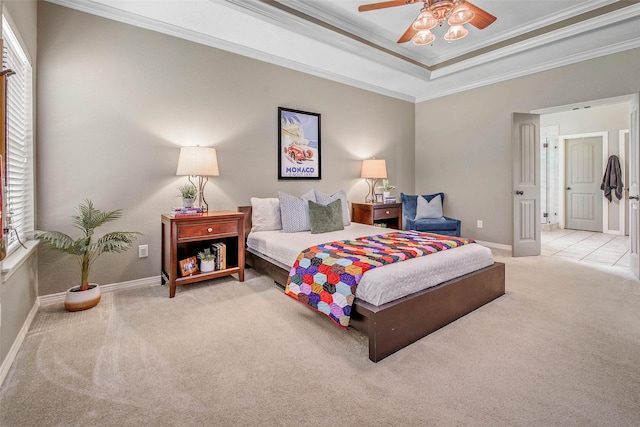 2707 Colony Creek Dr, Bryan, TX 77808 - bedroom featuring carpet flooring, ornamental molding, baseboards, ceiling fan, and a raised ceiling