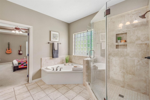 2707 Colony Creek Dr, Bryan, TX 77808 - full bath featuring a garden tub, a stall shower, tile patterned floors, and ceiling fan