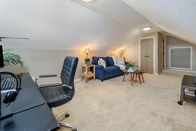 2707 Colony Creek Dr, Bryan, TX 77808 - office area with light colored carpet, lofted ceiling, a textured ceiling, and baseboards