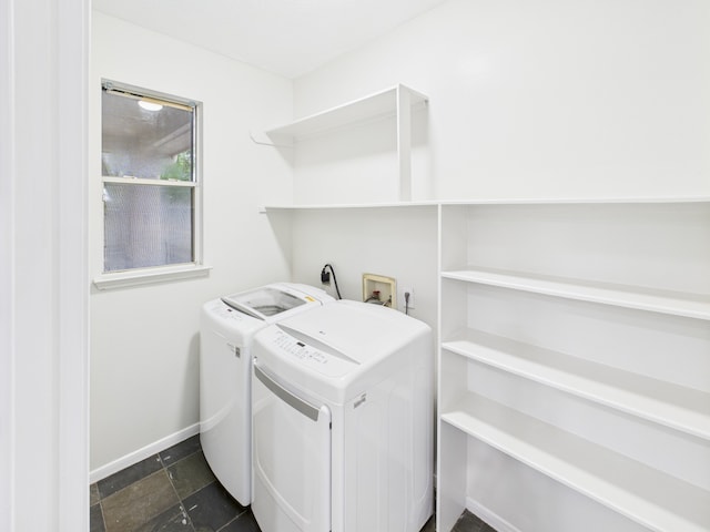 1035 Turnberry Park Ln, Spring, TX 77373 - laundry room featuring separate washer and dryer, baseboards, and dark stone finish floors