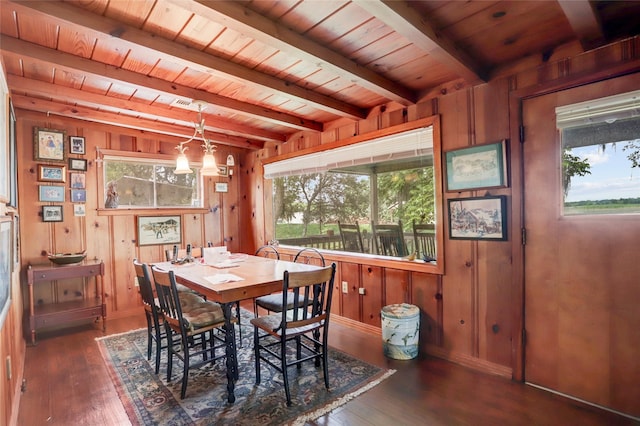 30523 Plantation Dr Unit 37, Damon, TX 77486 - dining space featuring wooden ceiling with exposed beams, dark wood-style flooring, wooden walls, and baseboards