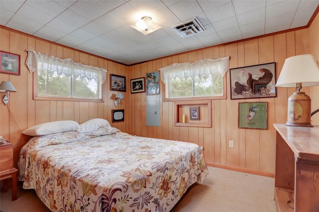 30523 Plantation Dr Unit 37, Damon, TX 77486 - carpeted bedroom featuring baseboards, wood walls, and crown molding