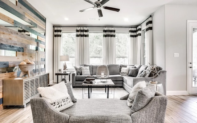2227 Inglenook Grove Dr, Katy, TX 77493 - living room featuring a ceiling fan, wood finished floors, baseboards, and recessed lighting