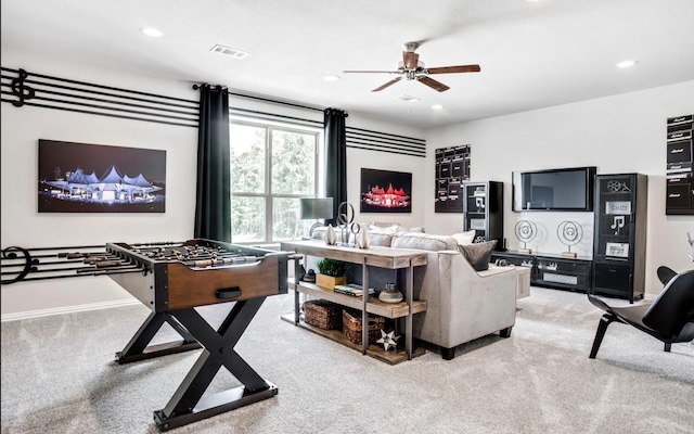 2227 Inglenook Grove Dr, Katy, TX 77493 - living area with ceiling fan, light carpet, recessed lighting, and baseboards
