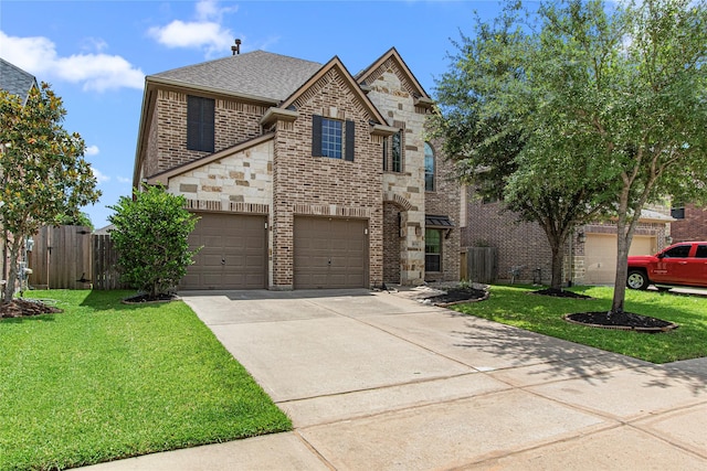 16714 Radiant Lilac Trl, Cypress, TX 77433 - french country home featuring brick siding, driveway, an attached garage, a shingled roof, and stone siding