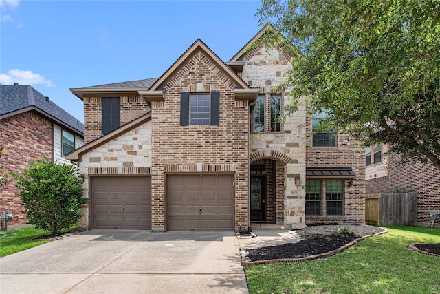 16714 Radiant Lilac Trl, Cypress, TX 77433 - french country style house with concrete driveway, a garage, stone siding, and brick siding