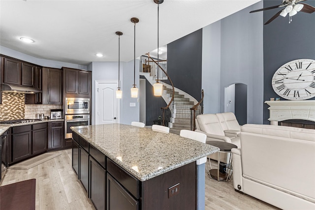 16714 Radiant Lilac Trl, Cypress, TX 77433 - kitchen with stainless steel appliances, light wood finished floors, a ceiling fan, a kitchen island, and dark brown cabinetry