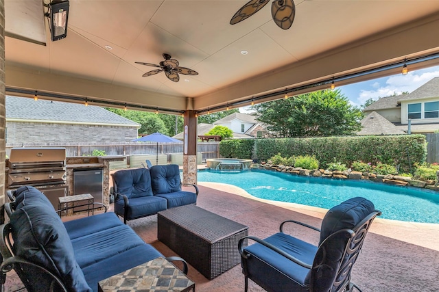 25607 Ryans Creek Ct, Katy, TX 77494 - view of pool with a fenced backyard, a patio area, an outdoor living space, ceiling fan, and a pool with connected hot tub