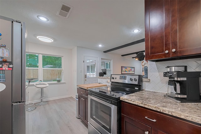 12602 Westleigh Dr, Houston, TX 77077 - kitchen with stainless steel appliances, backsplash, light wood-style flooring, baseboards, and recessed lighting