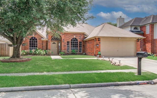 3359 Tenaha Dr, Houston, TX 77014 - traditional-style home featuring brick siding, an attached garage, a front yard, driveway, and a chimney