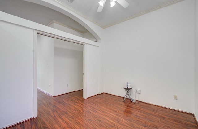 3359 Tenaha Dr, Houston, TX 77014 - unfurnished bedroom featuring crown molding, wood finished floors, a closet, and ceiling fan