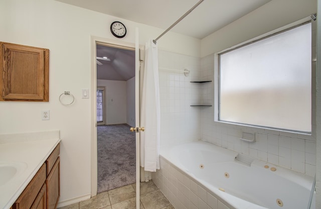 3359 Tenaha Dr, Houston, TX 77014 - full bath featuring vanity, tile patterned flooring, and lofted ceiling