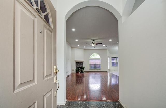 3359 Tenaha Dr, Houston, TX 77014 - foyer with arched walkways, a ceiling fan, recessed lighting, and baseboards
