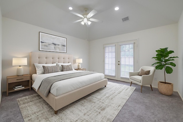 3359 Tenaha Dr, Houston, TX 77014 - carpeted bedroom with access to exterior, french doors, lofted ceiling, ceiling fan, and recessed lighting